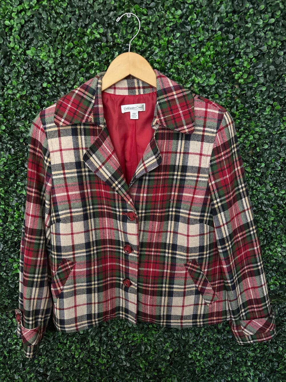 Coldwater Creek, red and beige Plaid blazer, Woman’s size petite 10